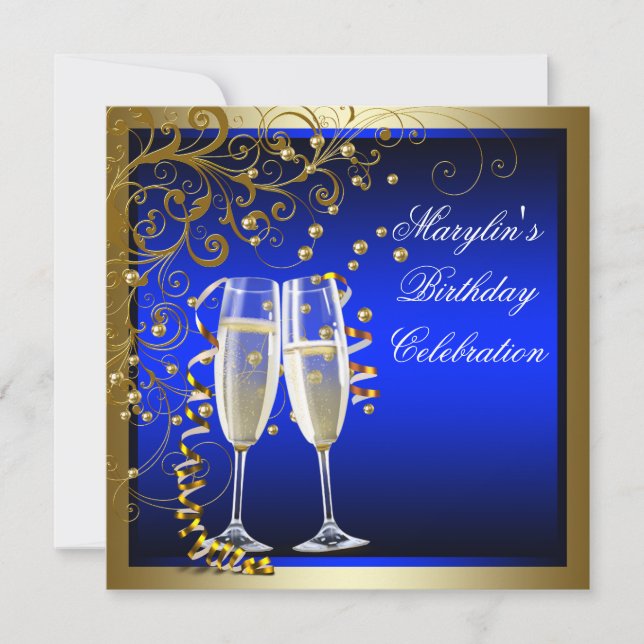 Convites Azul Real Dourado Mulher Azul Dourado Aniversário (Frente)