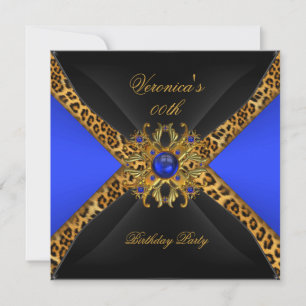 Convites Azul Real Dourado Preto Leopardo Joia Festa de Ani