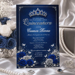 Convites Azul Real e Coroa de Prata Quinceañera Espanhola