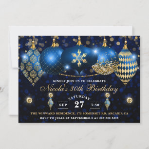Convites Azul Real e Dourado Bolas de Natal Aniversário