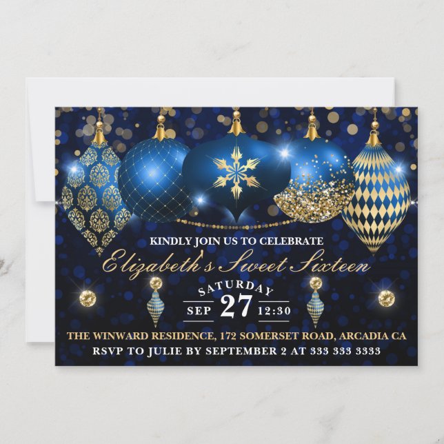 Convites Azul Real e Dourado Bolas de Natal Sweet 16 (Frente)
