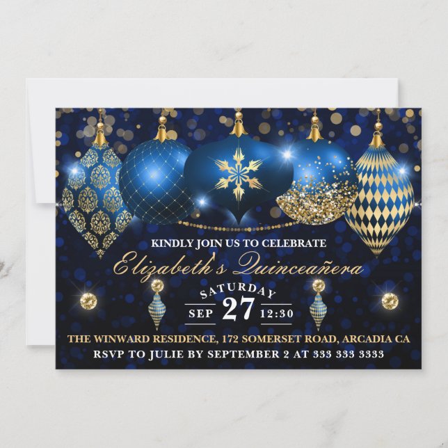 Convites Azul Real e Dourado Christmas Baubles Quinceañera (Frente)