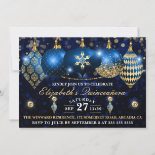 Convites Azul Real e Dourado Christmas Baubles Quinceañera