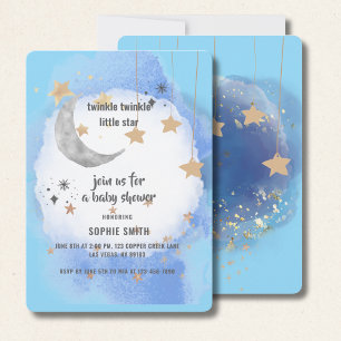 Convites Azul Real e Dourado Lua Estrelas Abstratas