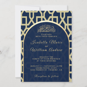 Convites Azul Real e Dourado Mihrab Islâmico Casamento Muçu