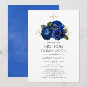 Convites Azul Real e Floral Dourado Primeira Comunhão