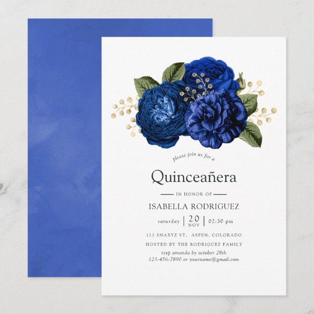 Convites Azul Real e Floral Dourado Quinceañera (Frente/Verso)