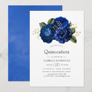 Convites Azul Real e Floral Dourado Quinceañera