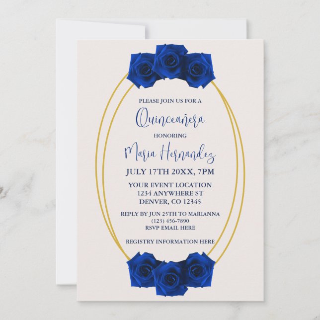 Convites Azul Real e Geométrico Dourado Quinceañera (Frente)