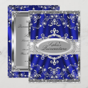 Convites Azul Real E Jóia De Damasco Prata Quinceanera