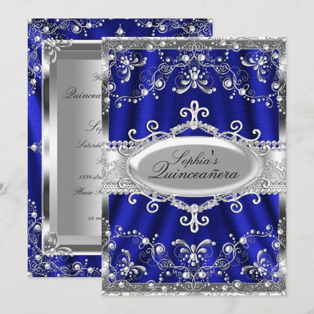 Convites Azul Real E Jóia De Damasco Prata Quinceanera (Frente/Verso)