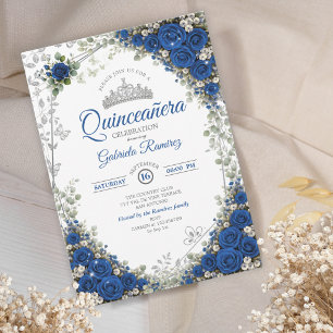 Convites Azul Real e Prata Quinceañera Rosas Azuis