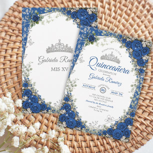 Convites Azul Real e Prata Quinceañera Rosas Azuis