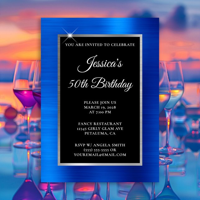 Convites Azul Real e Preto com Folha de Prata para 50º Aniv (Royal Blue and Silver Foil Black 50th Birthday Invitation)