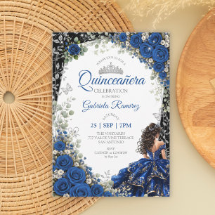 Convites Azul Real e Preto Quinceañera Borboleta Prata