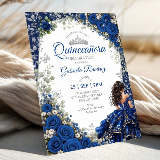Convites Azul Real e Quinceañera de Borboletas Prateadas Na (Criador carregado)