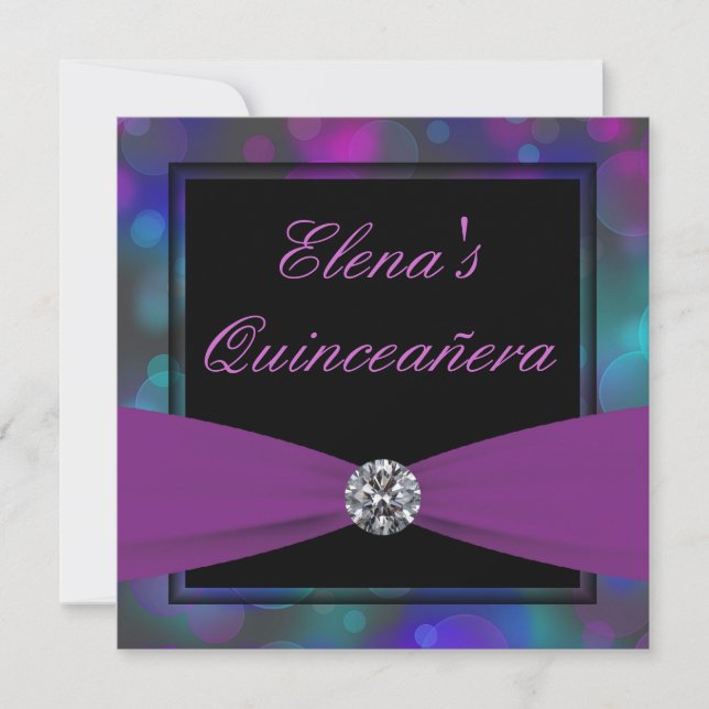 Convites Azul Real e Roxo Quinceanera (Frente)