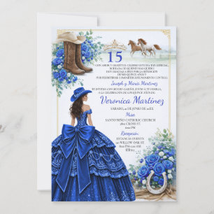 Convites Azul Real Floral Charra Princesa 15 Anos Espanhola
