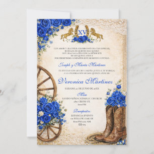 Convites Azul Real Floral Doce 15 Anos Ocidental Espanhol