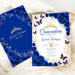 Convites Azul Real Floral Dourado Quinceanera