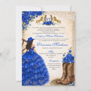 Convites Azul Real Floral Espanhol 15 Anos Charra Ocidental
