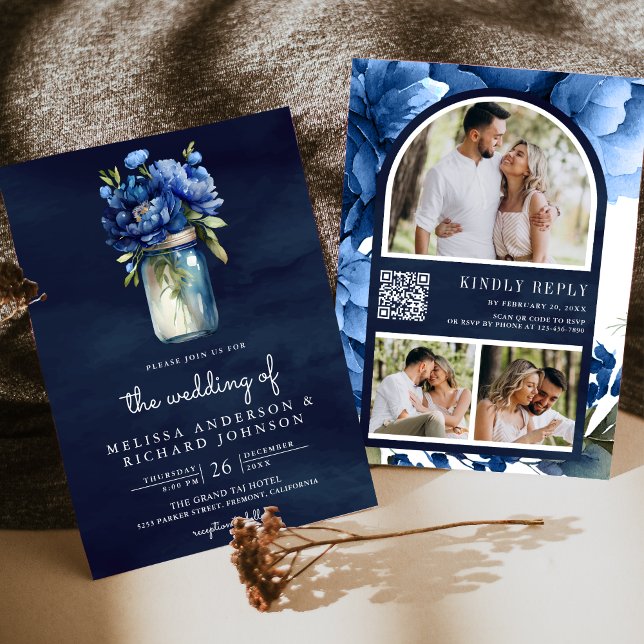 Convites Azul Real Floral Jarro de Mason Código QR Casament (Criador carregado)