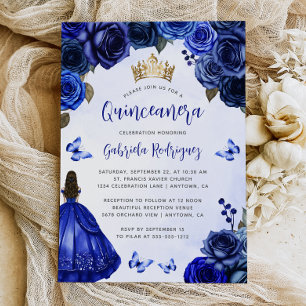 Convites Azul Real Floral Princesa Quinceañera Aquarela