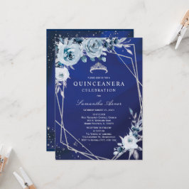 Convites Azul Real Floral Quinceañera