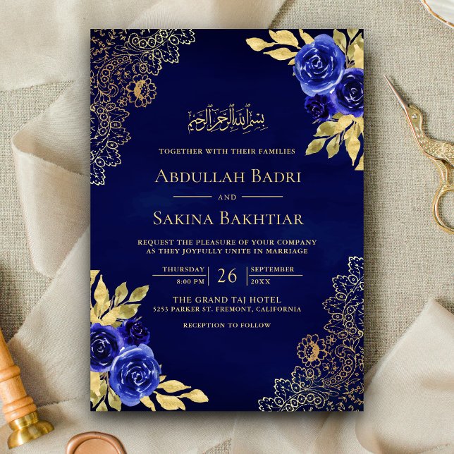 Convites Azul Real Floral Renda Código QR Casamento Muçulma (Criador carregado)