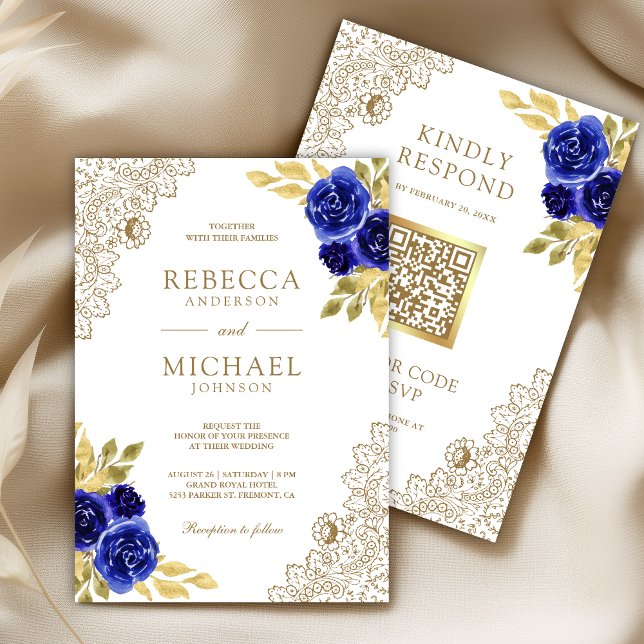 Convites Azul Real Floral Renda Dourada Código QR Branco Ca (Criador carregado)