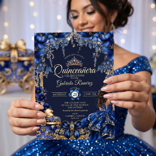 Convites Azul Real Floral Tiara Quinceañera Dourada