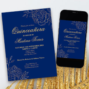 Convites Azul Real Flores Delineadas a Ouro Floral Quincean