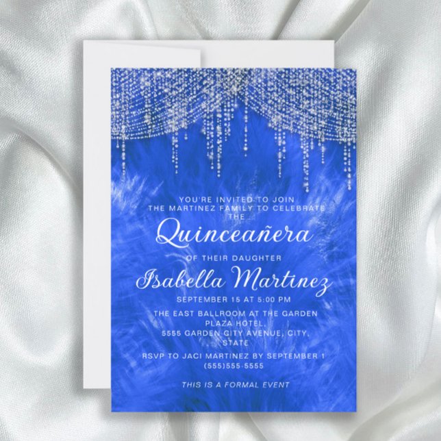 Convites Azul Real Luz de Corda Prata Elegante Quinceañera (Elegant royal blue and silver string lights Quinceañera invitation)