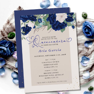 Convites Azul Real Marfim Rosas Florais Quinceanera e Missa