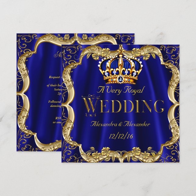 Convites Azul Real Marinho Casamento Coroa Dourada (Frente/Verso)