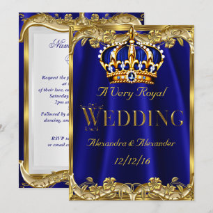 Convites Azul Real Marinho Coroa Dourada Casamento 3