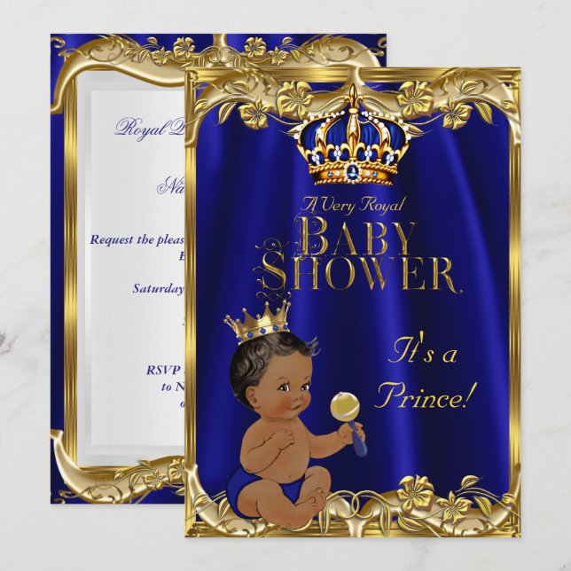 Convites Azul Real Marinho Dourado Chá do Bebê Prince Étnic (Frente/Verso)