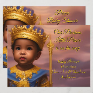 Convites Azul Real Ouro Príncipe Menino Baby Shower Étnico