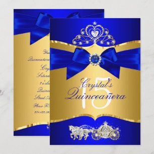 Convites Azul Real Ouro Tiara Pérola Laço Quinceanera