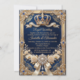 Convites Azul Real Pérola Coroa Ouro Luxo Elegante
