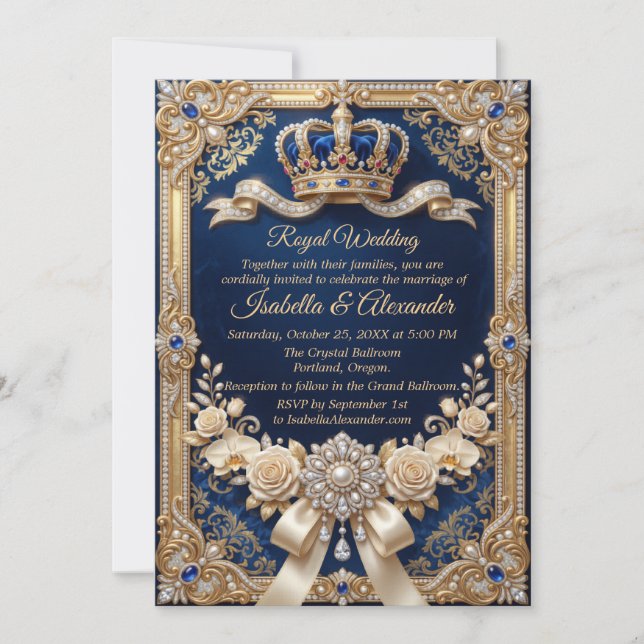 Convites Azul Real Pérola Coroa Ouro Luxo Elegante (Frente)