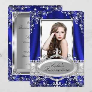 Convites Azul Real Pérola Seda Glamour Vintage Quinceanera
