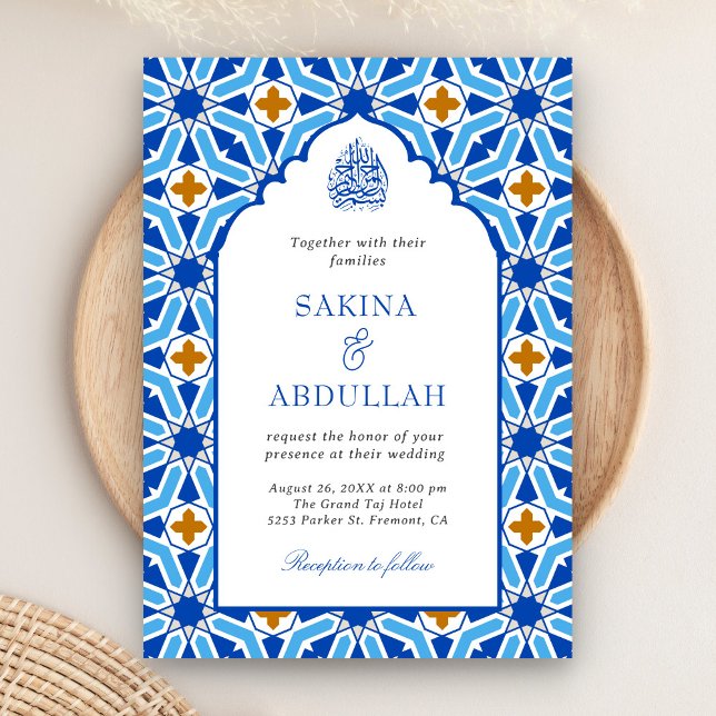Convites Azul Real Persa Mosaico Código QR Casamento Muçulm (Criador carregado)