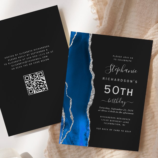 Convites Azul Real Prata Ágata Código QR 50º Aniversário (Criador carregado)