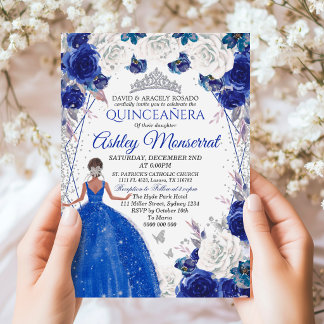 Convites Azul Real Prata Brilho Quinceañera Princesa