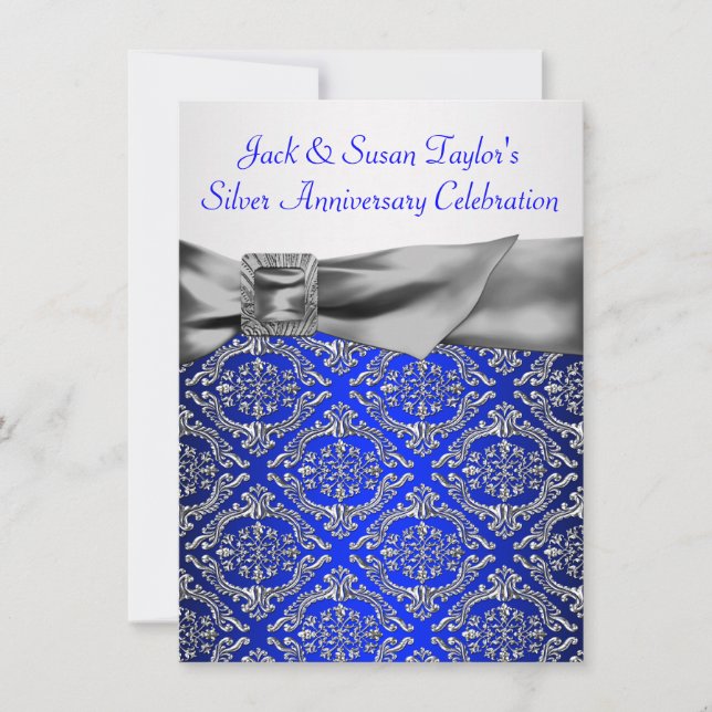 Convites Azul Real Prata Damask Prata 25º Aniversário (Frente)
