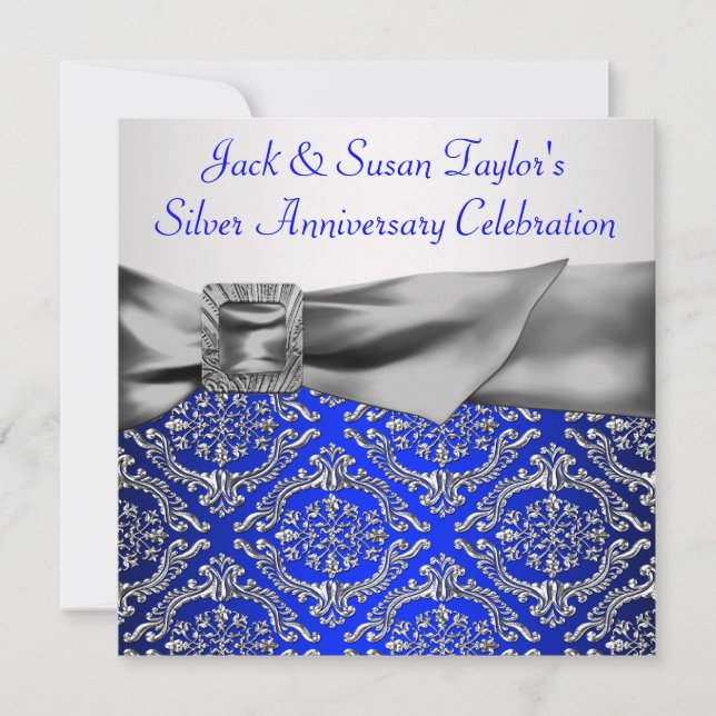 Convites Azul Real Prata Damask Prata 25º Aniversário (Frente)