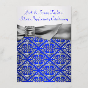 Convites Azul Real Prata Damask Prata 25º Aniversário