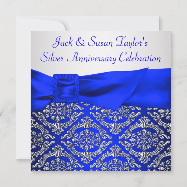 Convites Azul Real Prata Damask Prata 25º Aniversário (Frente)