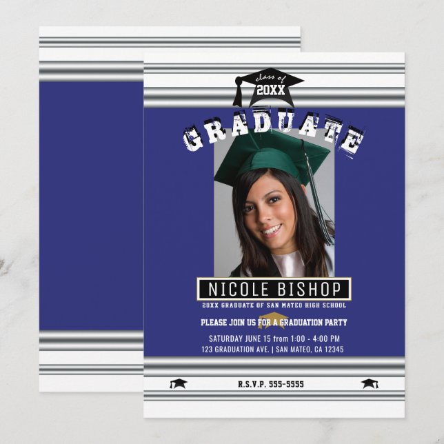 Convites Azul Real Prata Festa de Graduação Foto Elegante (Frente/Verso)